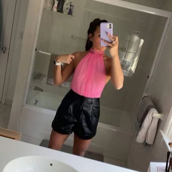 Barbiecore Ballet Pink Mock Neck Bow Tie Backless Mesh Sleeveless Bodysuit - Picture 12 of 13